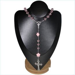 Beaded Necklaces Pink Crystals Beads Rosary Necklace Handmade Religious Jewellery For Women Men Fashion Rose Flowers Jesus Cr Mjfashion Dhqye