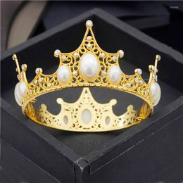 Hair Clips Baroque Round Crown Rhinestone Pearls Metal Tiaras Birthday Cake Ornaments Bridal Wedding Jewelry Fashion Diadem Headdress