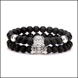 Beaded Strands 10Pc/Set Natural 8Mm Loin Head Bracelet Sets Black Matte Mala Stone For Men Women Handmade Yoga Jewelry Drop Delivery Dhtqw