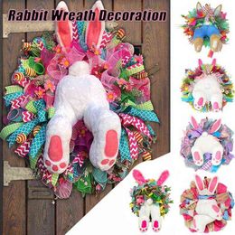 Decorative Flowers Wreaths Colorful Easter Rabbit Garlands Door Wreath Wall Oranments Bunny Easter Garlands Eggs Happy Easter Party Decor For Home 2022 T220905