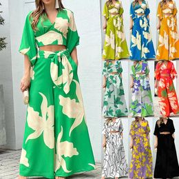 Women's Two Piece Pants Sets Womens Outifits 2022 Autumn Printed Casual V-Neck Lantern Sleeve Cropped Top & High Waist Wide Leg Set