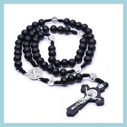 Beaded Necklaces Wooden Bead Rosary Necklace Cross Prayer Jesus Necklaces For Women Men Classic Religious Wood Pendants Jewellery Acces Dhbrq