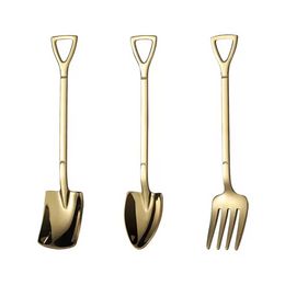 3Pieces Shovel Spoon Fork Coffee Scoops Handle Dessert Spoons Ice Cream Spoon Shovels Shape Fruit Forks 907