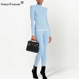 Womens Two Pants Classic Geometric Pattern Quality Jacquard Knitted 2 Piece Sets For Women Fall Stand Collar Sweaters Pullover Top Tight Trouser 220906