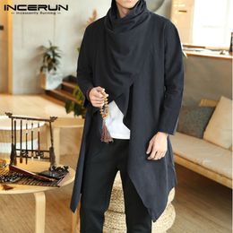 Men's Trench Coats INCERUN Men Retro Jackets Coat Solid Scarf Collar Casual Irregular Trench Long Sleeve Cloak Cotton Stylish Mens Windbreaker 220907