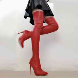 Boots Spring Autumn Knee High Women Red Thigh Heels 12cm Fashion Sexy Leg Slimming Stretch Size 220906
