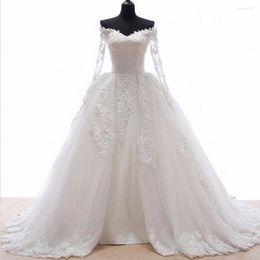 Casual Dresses 2022 Romantic Ball Gown Dress With Long Sleeves Appliques Front Open Fold Train Robe De Mariee Bridal Gowns