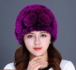 Winter Warm Fur Hat Women's Real Rex Rabbit Rose Cap Hand-made Skullies Beanies