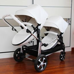 Strollers 2022 Luxury Pu Leather Baby White Twin Stroller Carriage Double Twins Eggshell Car