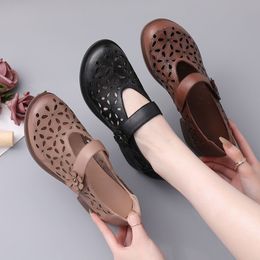 Women Sandals Pu Leather Hollow Out Comfort Flats Solid Color Mother Shoes Fashion Loafers Casual Hollow flower one-word buckle round head comfortable