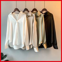 Autumn Fashion Button Up Satin Silk Shirt Vintage Blouses Casual Loose Shirts Tops Lady Long Sleeve Female Blusas