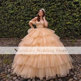 Light Champagne Quinceanera Dresses Tiered Off The Shoulder Mexican XV Girls Pageant Gowns vestidos de 15 anos