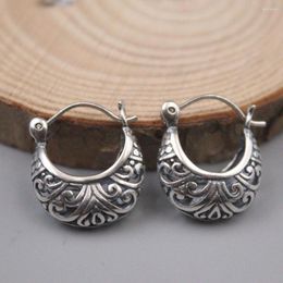 Hoop Earrings Genuine Real 925 Sterling Silver Floral Pattern 17mm Outside Diameter Stamp S925 For Woman