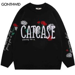 Men's Sweaters Men Knitted Sweater Harajuku Embroidery Floral Letter Jumpers Sweaters Autumn Fashion Hip Hop Casual Cotton Pullover Sweater T220906