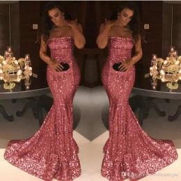 Prom Pink Dresses Sparkly Sequins Mermaid Custom Made Pleats Ruched Plus Size Evening Party Gowns Vestido Formal Ocn Wear