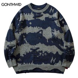 Men's Sweaters Hip Hop Ripped Sweaters Men Knitted Tie Dye Striped Destroyed Hole Pullover Jumpers Sweater 2022 Autumn Fashion Loose Streetwear T220906
