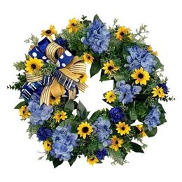 Decorative Flowers Wreaths 20'' Ukraine Flag Sunflower Wreath for Front Door Home Decoration Porch Farmhouse Party Festival Decoration Photo Prop T220905