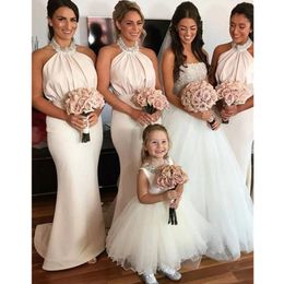 White Mermaid Bridesmaid Dresses Wedding Guest Dress Halter Neck Beading Plus Size Maid of Honour Gowns