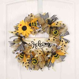 Decorative Flowers Wreaths Round Wreaths Simulation Bee Sunflower Wreath Artificial Garland Hanging Pendants Wedding Spring Decoration Home Ornament T220905