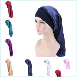 Beanie/Skull Caps Long Satin Bonnet Cap Sleep Hat Silk Slee Caps With Wide Elastic Band Extra Large Night Hats For Women Braids Curly Dhz2I