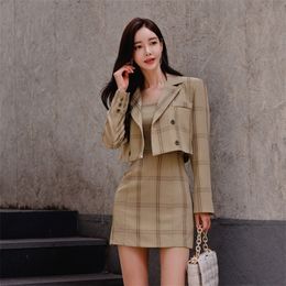 Two Piece Dress Korean Elegant Set Women Plaid Short Blazer Coats Sleeveless Mini Bodycon Suit Female Plus Size Jacket 220906