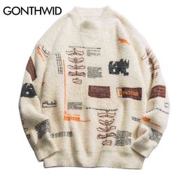 Men's Sweaters GONTHWID Graffiti Knitted Pullover Jumper Sweaters Streetwear Hip Hop Casual Long Sleeve Turtleneck Knitwear Sweater Men Tops T220906