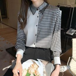 Women's Blouses Office Lady Long Sleeve Stitching Silk Satin Women Shirts Female Thousand Bird Harajuku Ladies Top Elegant Blouse Shirt 801F