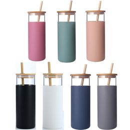 16oz 20oz Glass Tumbler Sippy Cups Travel Straight Tumblers Water Bottle With Straws Silicone Protective Sleeve Bamboo Lids BPA Free 7 Colors