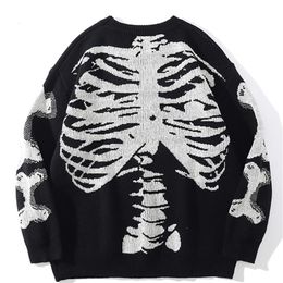 Men's Sweaters Men Oversized Sweater Black Loose Skeleton Bone Print Women Vintage Retro Knitted Sweater Autumn Cotton Pullover Unisex 220906