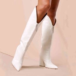 Boots Fashion Winter Chunky Heels Pure Colour White Slip-on fashion Knee High Classics Big size 220906