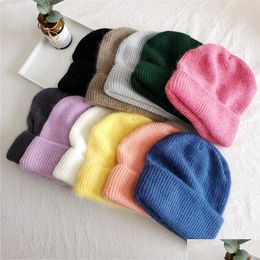 Beanie/Skull Caps Womens Winter Hat Women Real Rabbit Fur Knitted Hats Girls Thick Beanie Female Beanies Woman Cap Girl Fashion Solid Dhl42