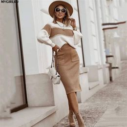 Two Piece Dress MVGIRLRU spring autumn Womens knitting sweater knitted skirt suits 2piece sets 220906