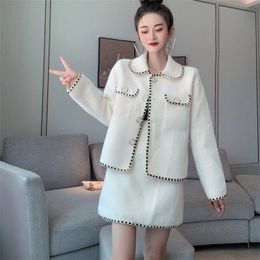 Two Piece Dress Luxury High Quality Woollen Set Women Elegant Long Sleeve Turn Down Collar Jacket Coat Mini Skirt Sets Suit Female 220906