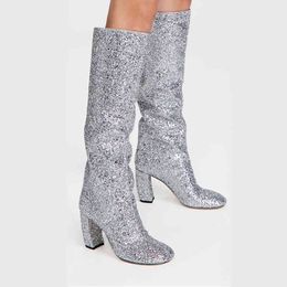 Boots Womens silver chunky Heels 5cm glitter shiny boots ladies sequined cloth large size 220906