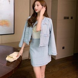 Two Piece Dress Houndstooth Plaid Womens Suit Tweed Woollen Jacket Single Breasted Coat High Waist Tassel Mini Skirts Set Women 220906