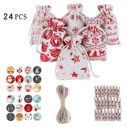 Gift Wrap Christmas Bag Drawstring And Stamping Linen Set 24 First Wrapping Paper Tree