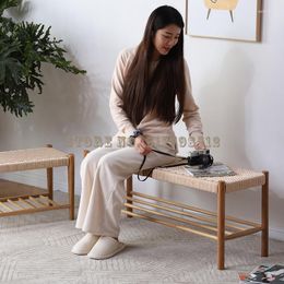 Clothing Storage Nordic White Oak Solid Wood Rope Woven Shoe Changing Stool Japanese Style Simple Bed End Dining Table Log Bench Combinatio