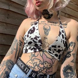 Women's Tanks Women Summer Crop Tops Milk Cow Print V-Neck Sleeveless Sling Vest With Metal Ring For Girls Black White