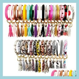 Key Rings O Key Ring Leopard Print Leather Bracelet Keyrings Tassel Bracelets Circle Bangle Wristlet Keychain Jewelry Acces Newdhbest Dhdk8