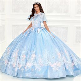 Light Sky Blue Beaded Ball Gown Quinceanera Dresses Appliqued Spaghetti Strap Neckline Prom Gowns Sweep Train Sweet 15 Masquerade Dress