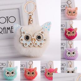 Keychains Owl Fluffy Keychain For Women Fur Pompom Ball Keyring Animal Glasses Handbag Key Chains Bag Car Pendent Charms Accesories P Dh2Nk