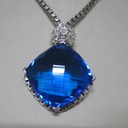 Necklace 925 Sterlilng Silver Jewelry 20mm Blue Topaz Pendant Women Necklace 2MM Box Chain 18 Inches