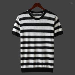striped tees NZ - Men's T Shirts Summer Male Slim Casual Tee Shirt Men Korean Fashion Striped Short Sleeve Tees O Neck Knitted Ice Silk Top B16