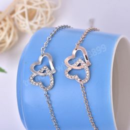 Silver Colour Double Heart Charm Bracelet For Women Fine Fashion Metal Chain Bangle Engagement Jewellery Wedding Party Lover'S Gift