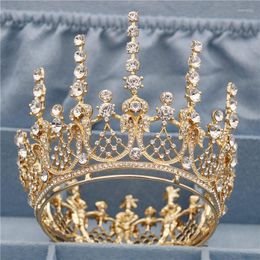 Clips de cabello Vintage Romantic Gold Full Round Queen King Tiara Crown Pageant Headpieces de boda de novia Joya de boda tiaras y coronas