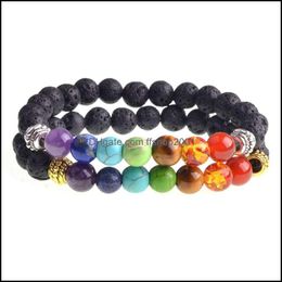 Beaded Strands Black Lava Stone Jewelry 7 Chakra Bracelets Strands 8Mm Yinyang Rock Bead Elastic Natural Stones Gemstones Yoga Mendi Dhkon