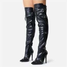 2022 New Women Rivet Full Zip Up Boots Buckle Leather High Heel Slim Tassel Black Long Knee Boots Pointed Toe Shoes