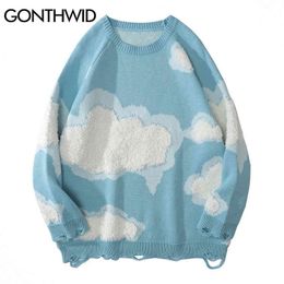 Men's Sweaters GONTHWID Knitwear Sweater Women Harajuku Hip Hop Streetwear Knitted Cloud Ripped Holes Casual Kawaii Loose Pullover Jumpers Tops T220906