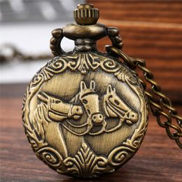Mini Vintage 3D Horse Pattern Watches Men Women Quartz Analog Pocket Watch Small Size Clock with Sweater Necklace Chain Gift