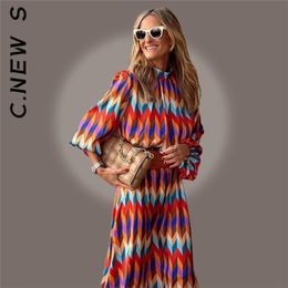 Casual Dresses High Neck 34 Sleeves Spring Vintage Print Long Dress Women Fashion Bohemian Pattern Vestidos Robe 220906